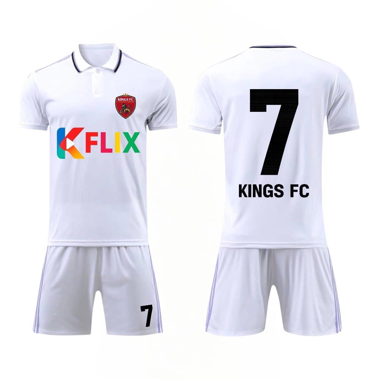 White collared KFLIX Kings FC kit, front and back